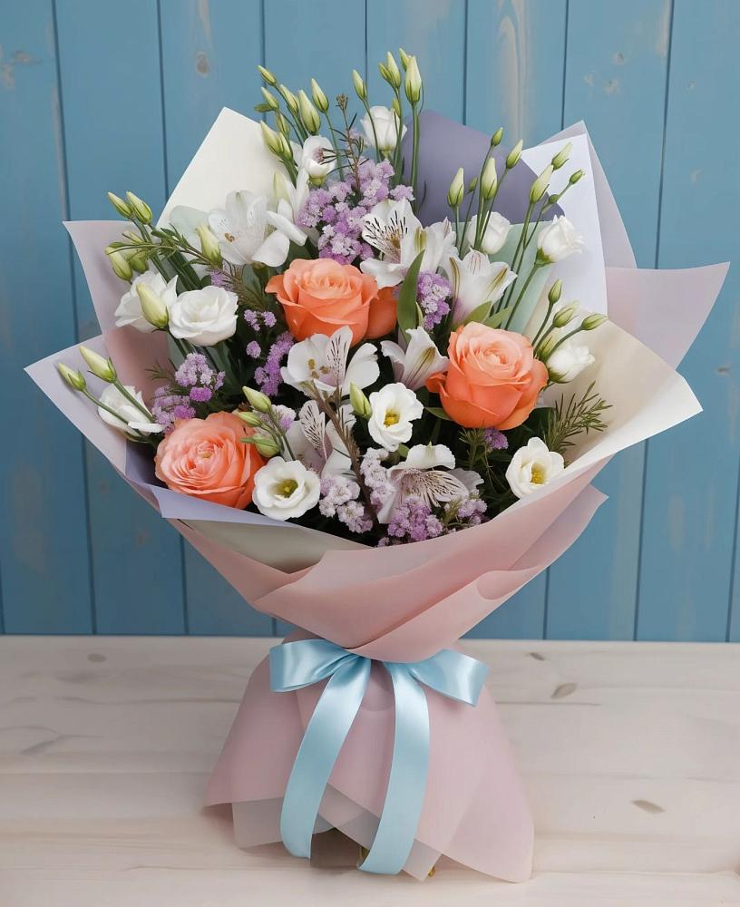 Букет цветов из: Лизиантусы, Розы, Альстромерии и Гипсофила в Орле-Изумруде